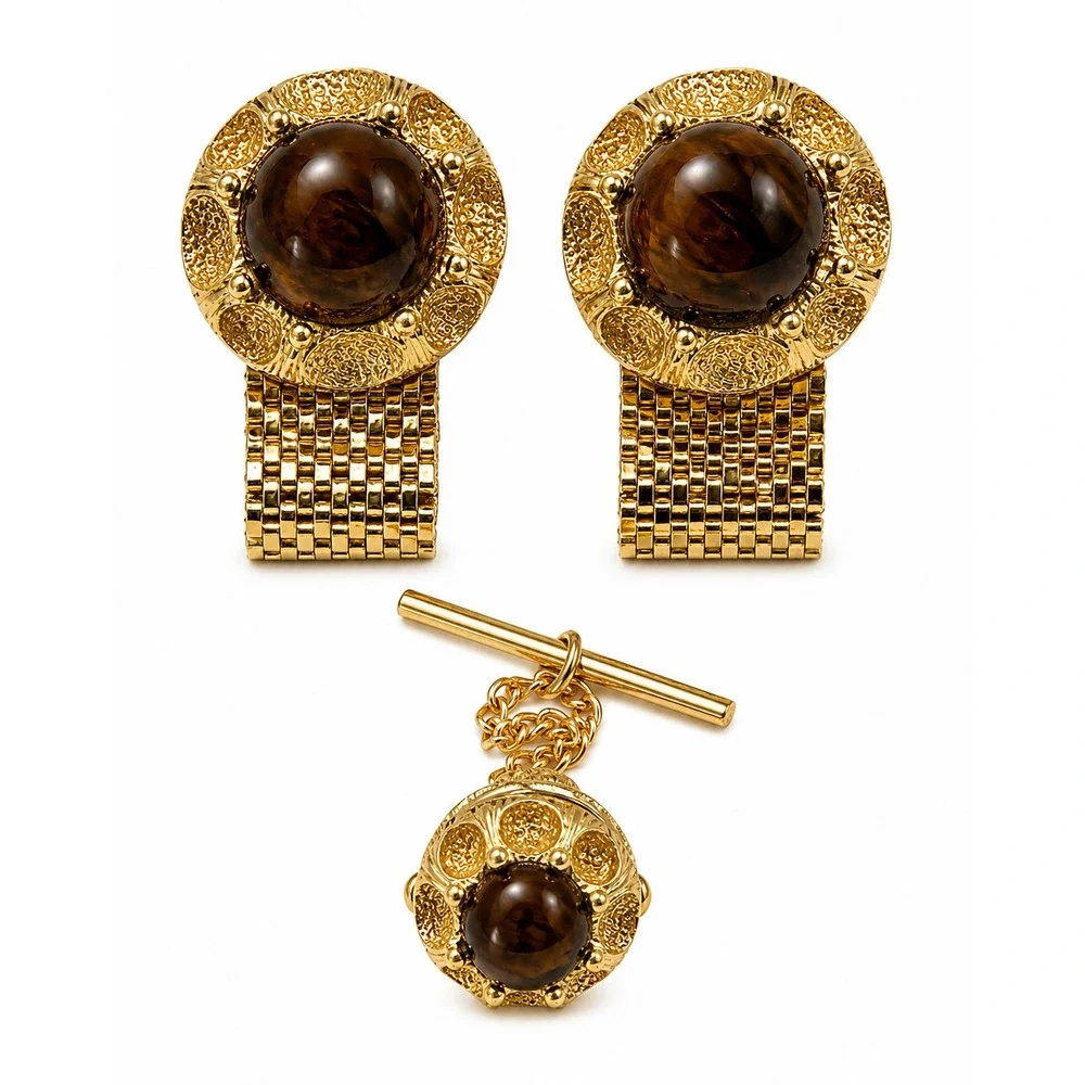 Art Deco Round Gold Tone Mesh Wrap Faux Tiger Eye Cufflinks Tie Tack Set